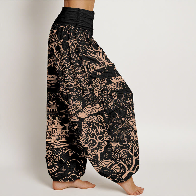 Buddha Stones Pantalon harem pour femme en coton à motif d'arbres et de nuages, taille élastique. - image 10