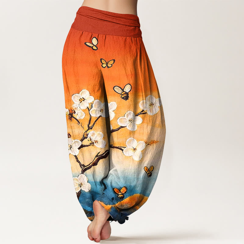 Buddha Stones Pantalon harem femme en coton à taille élastique, motif fleurs, papillons et abeilles colorés - image 1