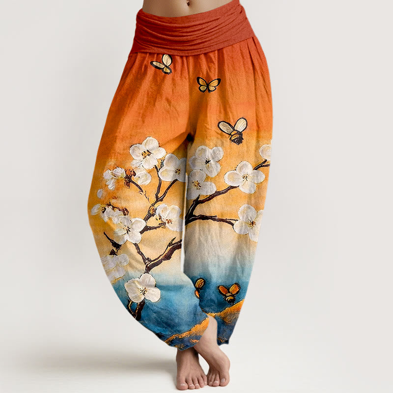 Buddha Stones Pantalon harem femme en coton à taille élastique, motif fleurs, papillons et abeilles colorés - Orange foncé - US16，UK/AU20，EU48 (3XL) - image 0