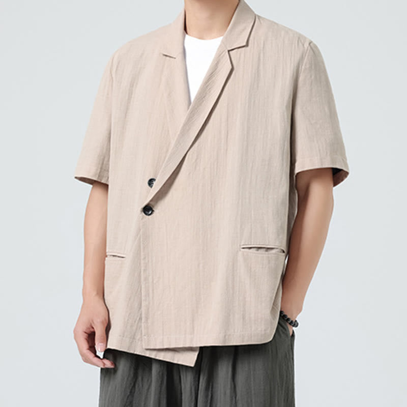 Buddha Stones Chemise homme printemps unie en coton et lin, manches courtes, col asymétrique à revers, poches - image 20