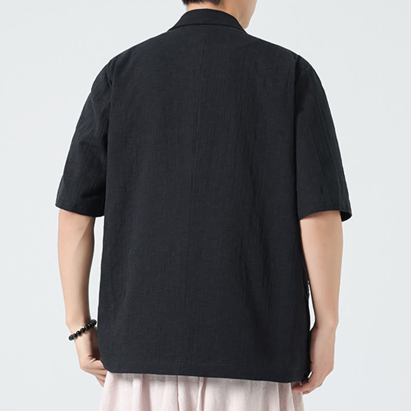 Buddha Stones Chemise homme printemps unie en coton et lin, manches courtes, col asymétrique à revers, poches - image 14