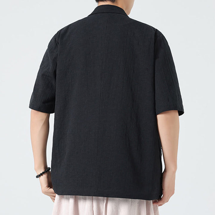 Buddha Stones Chemise homme printemps unie en coton et lin, manches courtes, col asymétrique à revers, poches - image 14