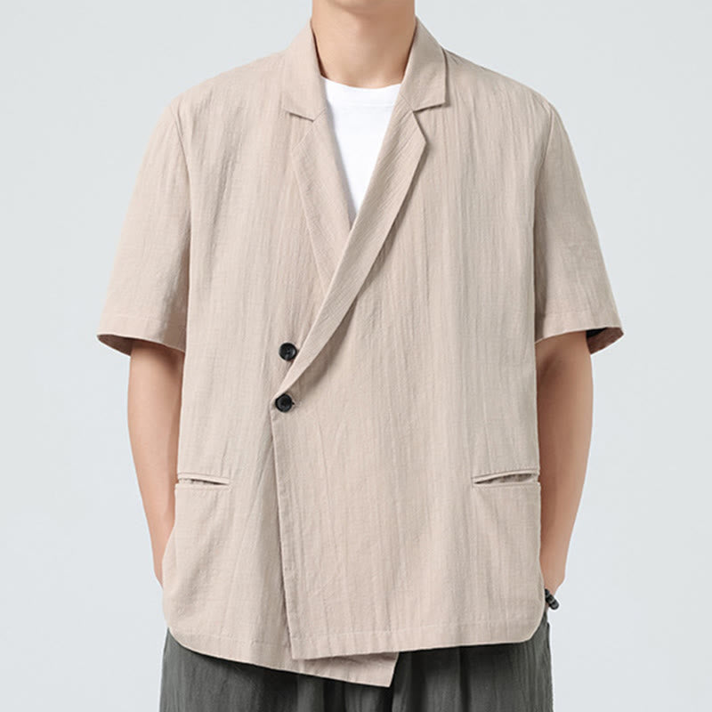 Buddha Stones Chemise homme printemps unie en coton et lin, manches courtes, col asymétrique à revers, poches - image 21