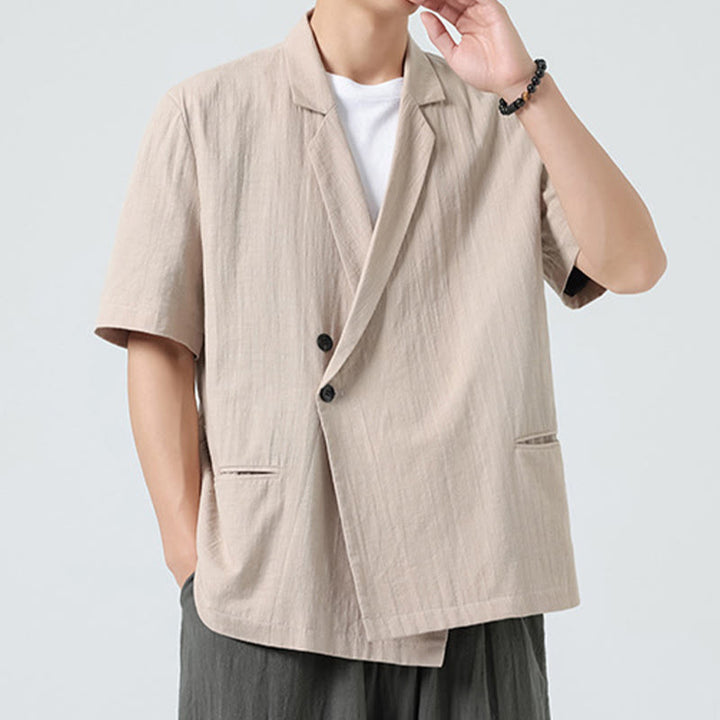 Buddha Stones Chemise homme printemps unie en coton et lin, manches courtes, col asymétrique à revers, poches - image 24