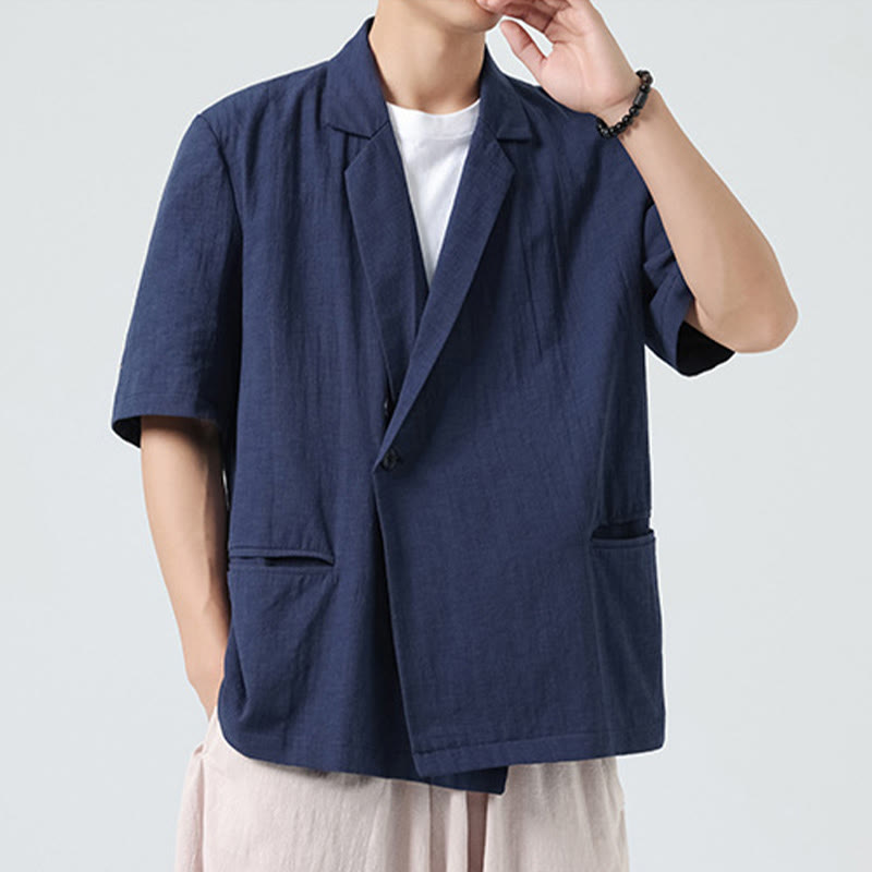 Buddha Stones Chemise homme printemps unie en coton et lin, manches courtes, col asymétrique à revers, poches - image 3