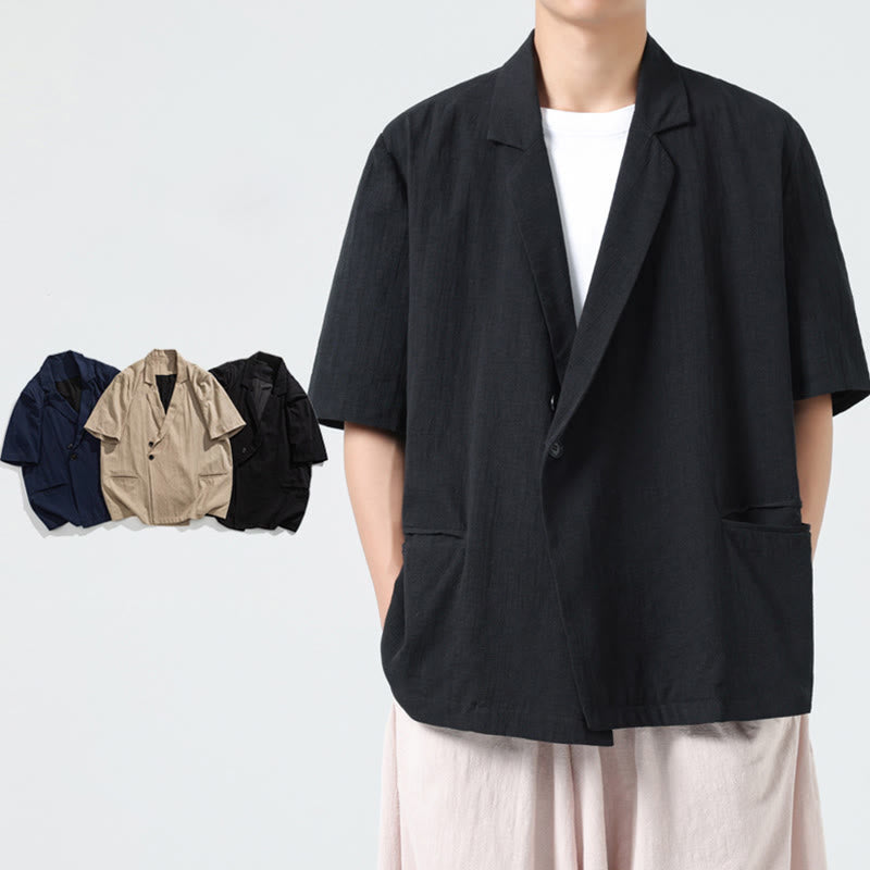 Buddha Stones Chemise homme printemps unie en coton et lin, manches courtes, col asymétrique à revers, poches - image 16