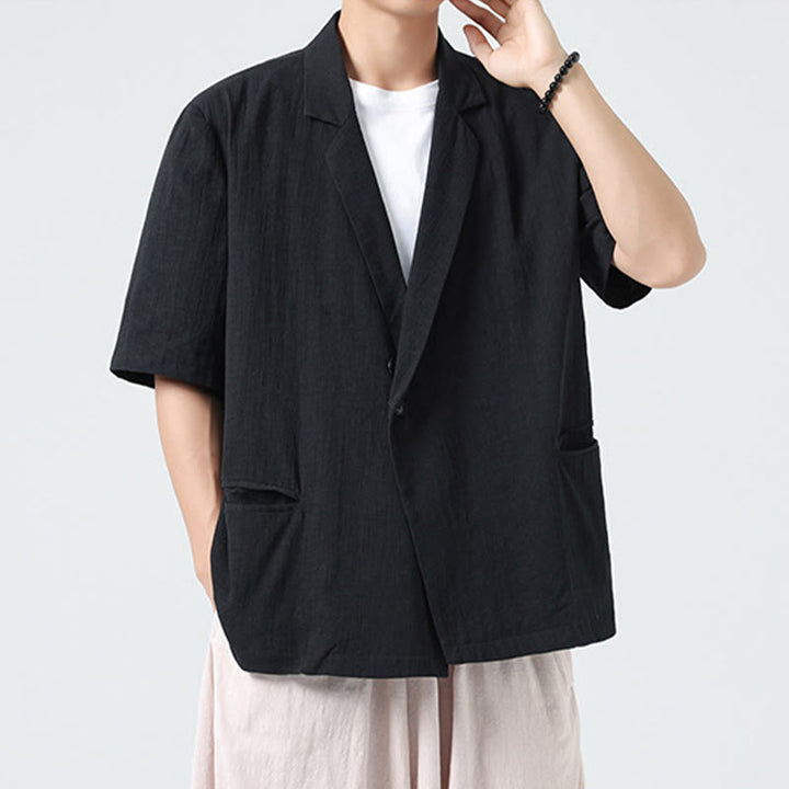 Buddha Stones Chemise homme printemps unie en coton et lin, manches courtes, col asymétrique à revers, poches - image 11
