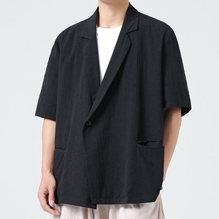 Buddha Stones Chemise homme printemps unie en coton et lin, manches courtes, col asymétrique à revers, poches - image 15