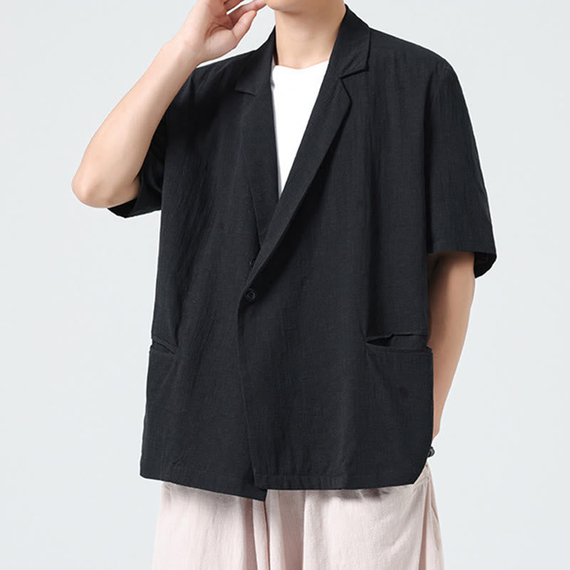 Buddha Stones Chemise homme printemps unie en coton et lin, manches courtes, col asymétrique à revers, poches - image 10