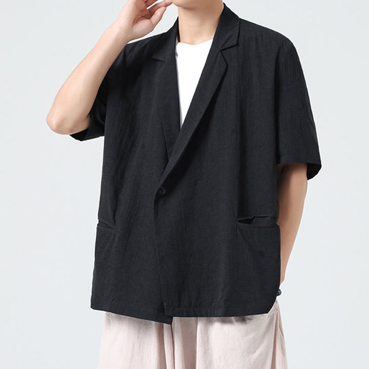 Buddha Stones Chemise homme printemps unie en coton et lin, manches courtes, col asymétrique à revers, poches - image 10