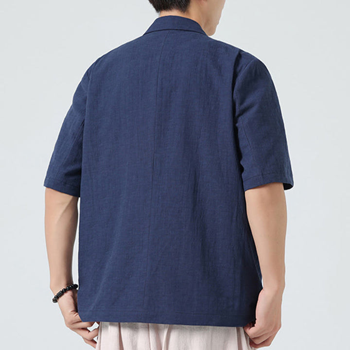 Buddha Stones Chemise homme printemps unie en coton et lin, manches courtes, col asymétrique à revers, poches - image 6