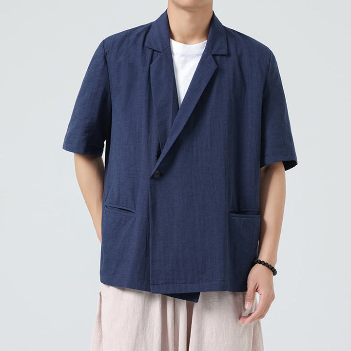Buddha Stones Chemise homme printemps unie en coton et lin, manches courtes, col asymétrique à revers, poches - Bleu foncé - US/UK/AU46，EU56 (5XL) - image 1