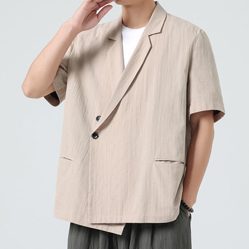 Buddha Stones Chemise homme printemps unie en coton et lin, manches courtes, col asymétrique à revers, poches - image 23