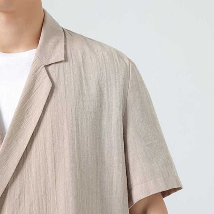 Buddha Stones Chemise homme printemps unie en coton et lin, manches courtes, col asymétrique à revers, poches - image 27