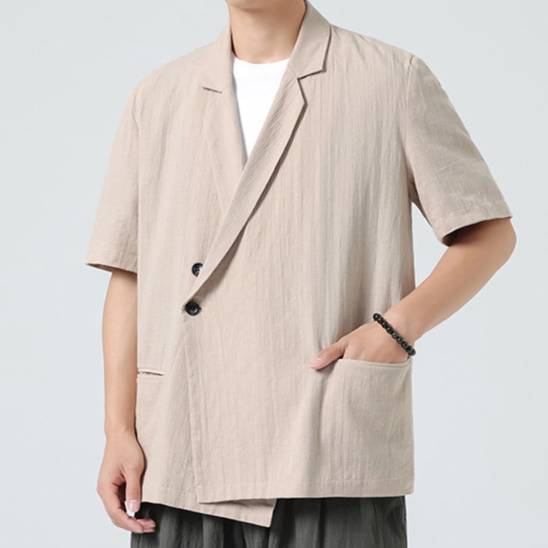 Buddha Stones Chemise homme printemps unie en coton et lin, manches courtes, col asymétrique à revers, poches - image 19