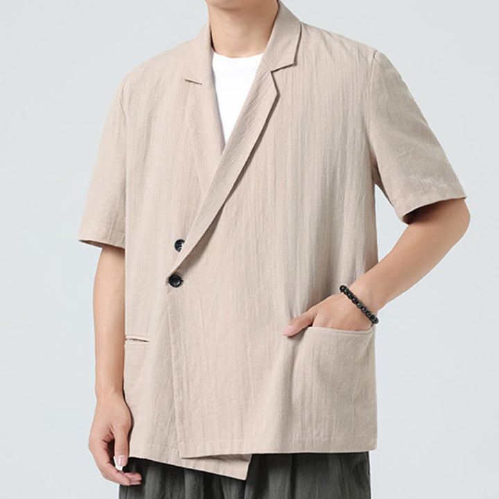 Buddha Stones Chemise homme printemps unie en coton et lin, manches courtes, col asymétrique à revers, poches - image 19