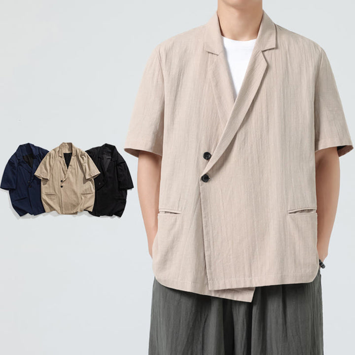 Buddha Stones Chemise homme printemps unie en coton et lin, manches courtes, col asymétrique à revers, poches - image 25