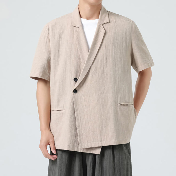 Buddha Stones Chemise homme printemps unie en coton et lin, manches courtes, col asymétrique à revers, poches - Blé - US/UK/AU46，EU56 (5XL) - image 18