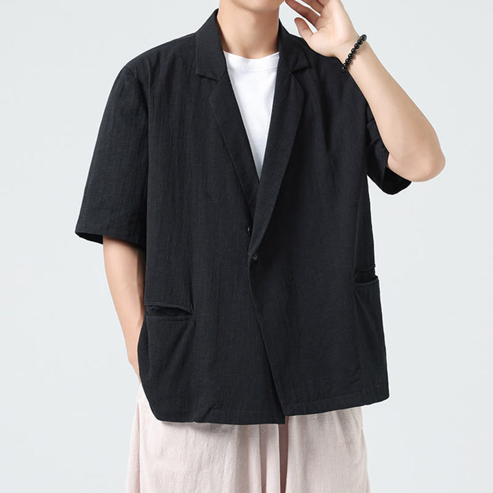 Buddha Stones Chemise homme printemps unie en coton et lin, manches courtes, col asymétrique à revers, poches - Noir - US/UK/AU46，EU56 (5XL) - image 8