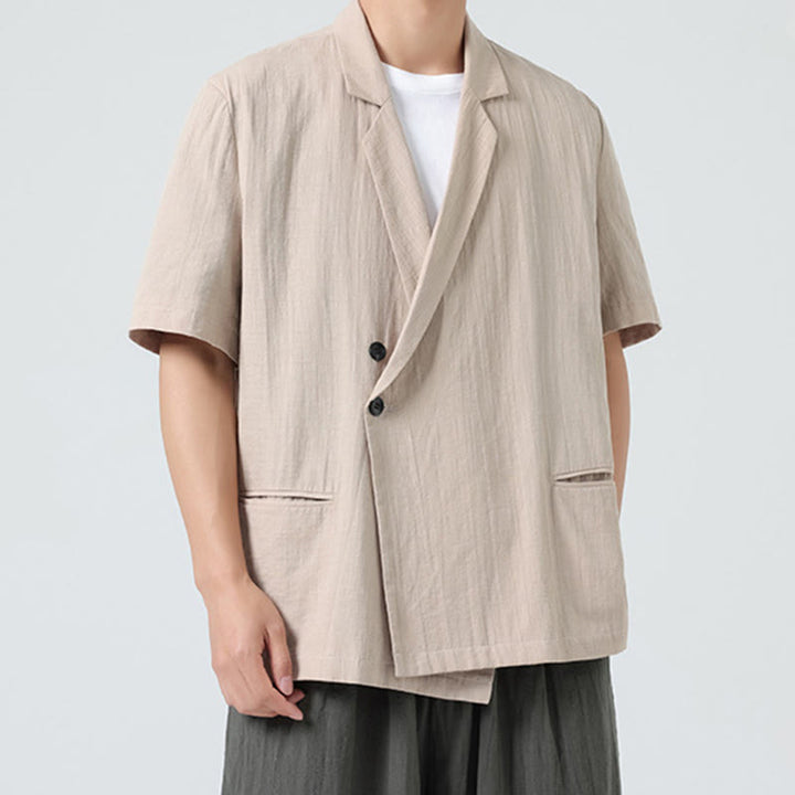 Buddha Stones Chemise homme printemps unie en coton et lin, manches courtes, col asymétrique à revers, poches - image 22