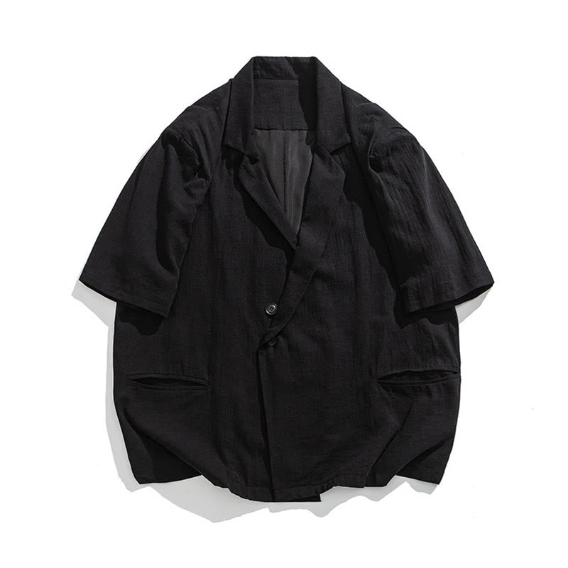 Buddha Stones Chemise homme printemps unie en coton et lin, manches courtes, col asymétrique à revers, poches - image 17