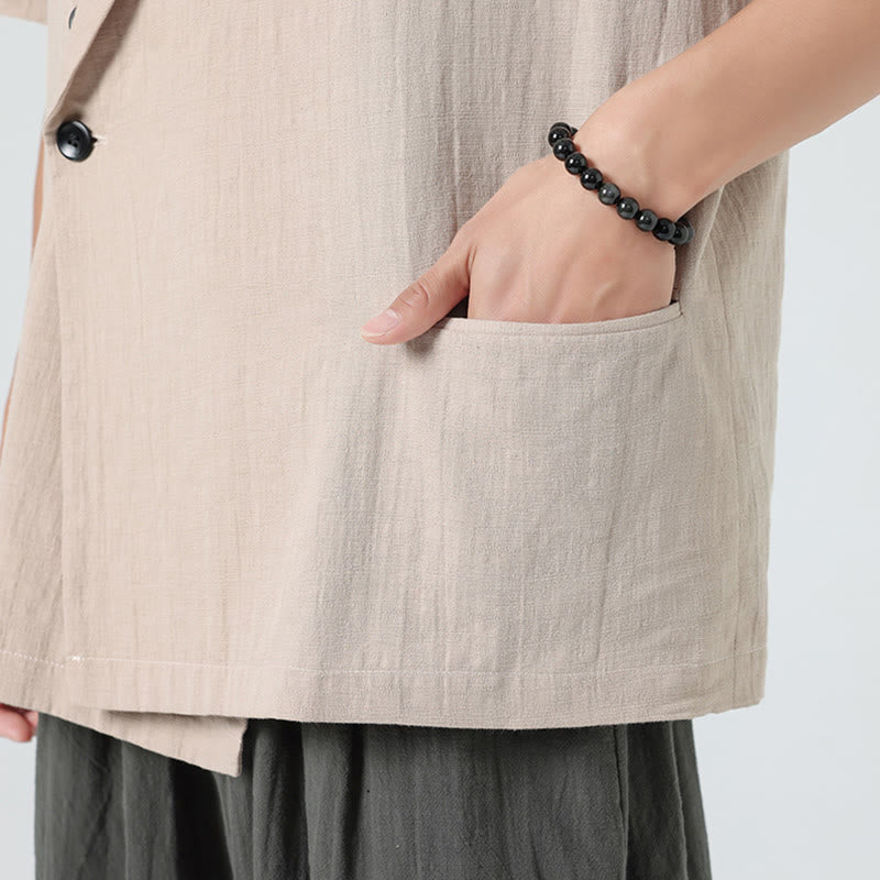 Buddha Stones Chemise homme printemps unie en coton et lin, manches courtes, col asymétrique à revers, poches - image 29