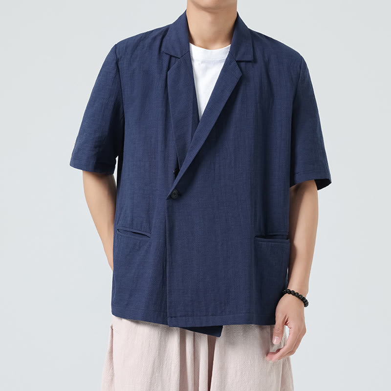 Buddha Stones Chemise homme printemps unie en coton et lin, manches courtes, col asymétrique à revers, poches - Bleu foncé - US/UK/AU46，EU56 (5XL) - image 1