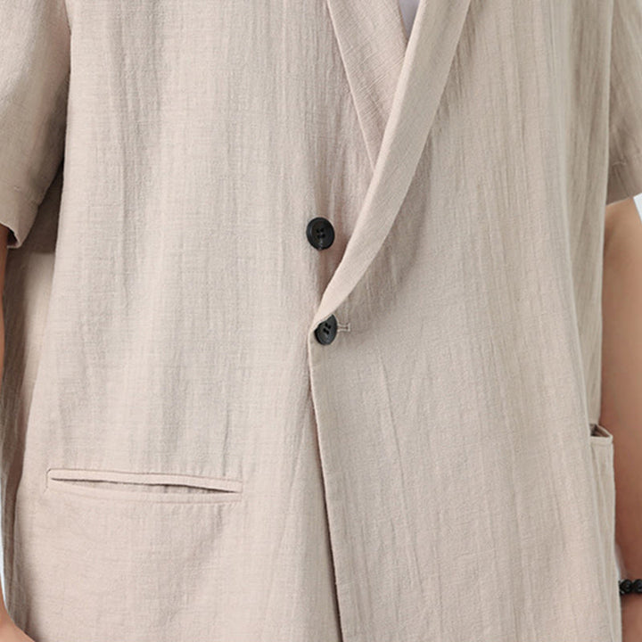 Buddha Stones Chemise homme printemps unie en coton et lin, manches courtes, col asymétrique à revers, poches - image 28