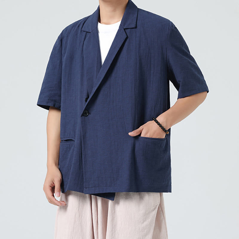 Buddha Stones Chemise homme printemps unie en coton et lin, manches courtes, col asymétrique à revers, poches - image 5