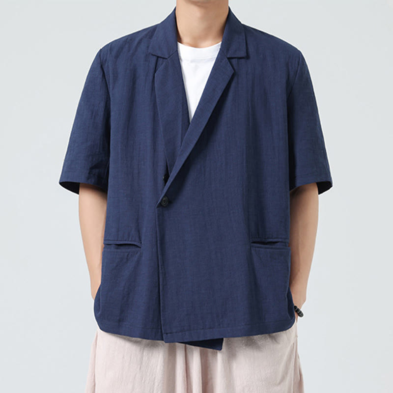 Buddha Stones Chemise homme printemps unie en coton et lin, manches courtes, col asymétrique à revers, poches - image 0