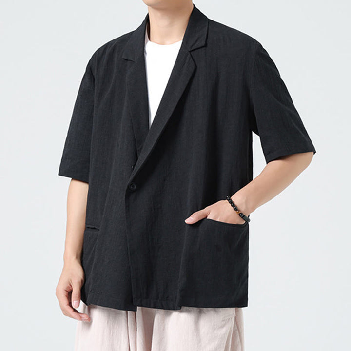 Buddha Stones Chemise homme printemps unie en coton et lin, manches courtes, col asymétrique à revers, poches - image 12