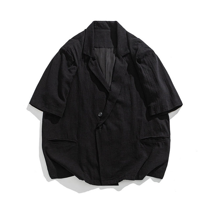 Buddha Stones Chemise homme printemps unie en coton et lin, manches courtes, col asymétrique à revers, poches - image 17