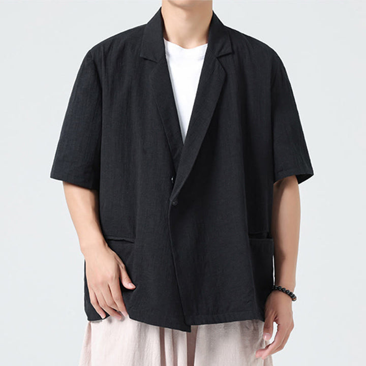 Buddha Stones Chemise homme printemps unie en coton et lin, manches courtes, col asymétrique à revers, poches - image 13