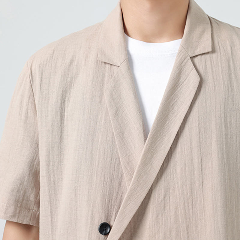 Buddha Stones Chemise homme printemps unie en coton et lin, manches courtes, col asymétrique à revers, poches - image 26