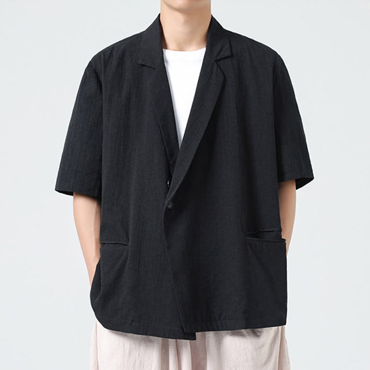Buddha Stones Chemise homme printemps unie en coton et lin, manches courtes, col asymétrique à revers, poches - image 9