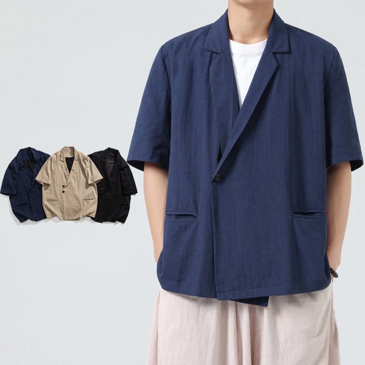 Buddha Stones Chemise homme printemps unie en coton et lin, manches courtes, col asymétrique à revers, poches - image 7