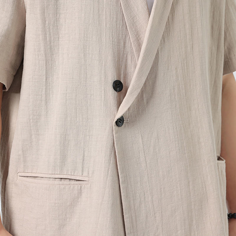 Buddha Stones Chemise homme printemps unie en coton et lin, manches courtes, col asymétrique à revers, poches - image 28