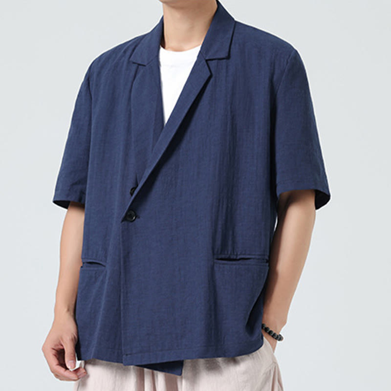 Buddha Stones Chemise homme printemps unie en coton et lin, manches courtes, col asymétrique à revers, poches - image 4