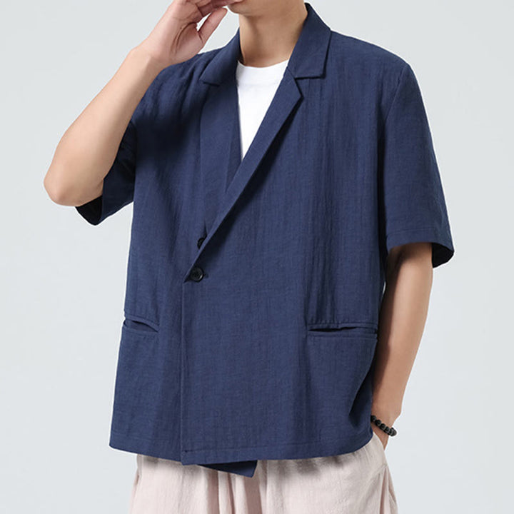 Buddha Stones Chemise homme printemps unie en coton et lin, manches courtes, col asymétrique à revers, poches - image 2