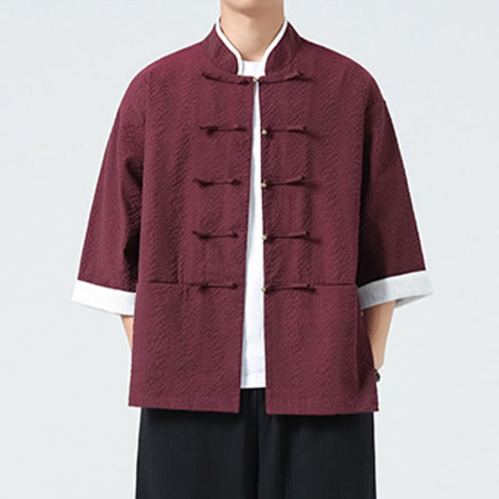 Buddha Stones Chemise à boutons pour homme, manches trois-quarts, couleur unie, style printemps, avec poches - image 17