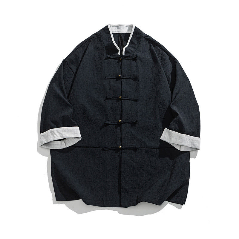 Buddha Stones Chemise à boutons pour homme, manches trois-quarts, couleur unie, style printemps, avec poches - Bleu nuit - US/UK/AU46，EU56 (5XL) - image 1