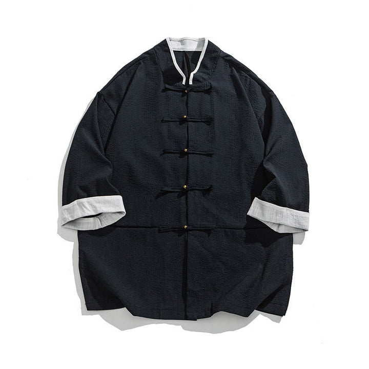 Buddha Stones Chemise à boutons pour homme, manches trois-quarts, couleur unie, style printemps, avec poches - Bleu nuit - US/UK/AU46，EU56 (5XL) - image 1