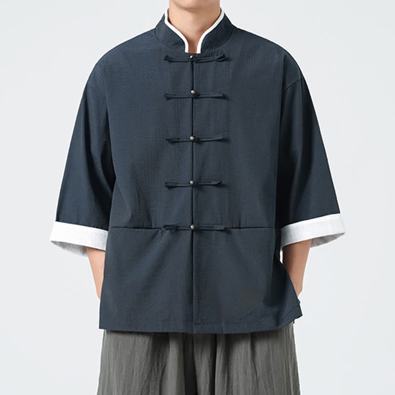 Buddha Stones Chemise à boutons pour homme, manches trois-quarts, couleur unie, style printemps, avec poches - image 4