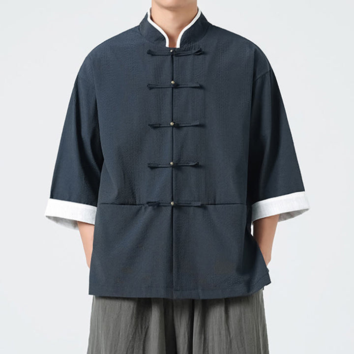 Buddha Stones Chemise à boutons pour homme, manches trois-quarts, couleur unie, style printemps, avec poches - image 4