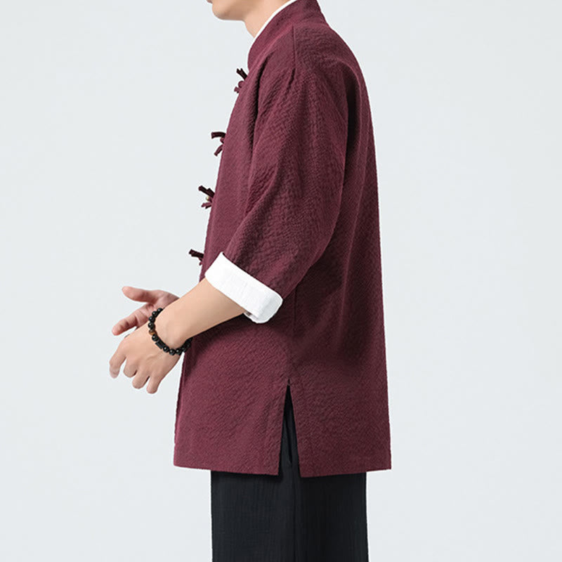 Buddha Stones Chemise à boutons pour homme, manches trois-quarts, couleur unie, style printemps, avec poches - image 14