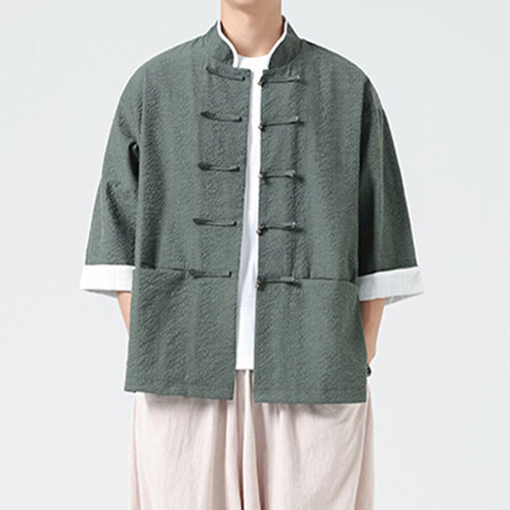 Buddha Stones Chemise à boutons pour homme, manches trois-quarts, couleur unie, style printemps, avec poches - image 27