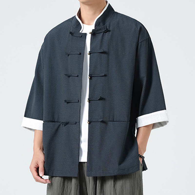 Buddha Stones Chemise à boutons pour homme, manches trois-quarts, couleur unie, style printemps, avec poches - image 5