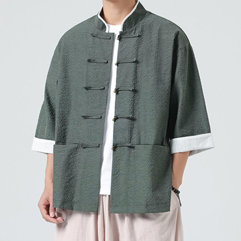 Buddha Stones Chemise à boutons pour homme, manches trois-quarts, couleur unie, style printemps, avec poches - image 28