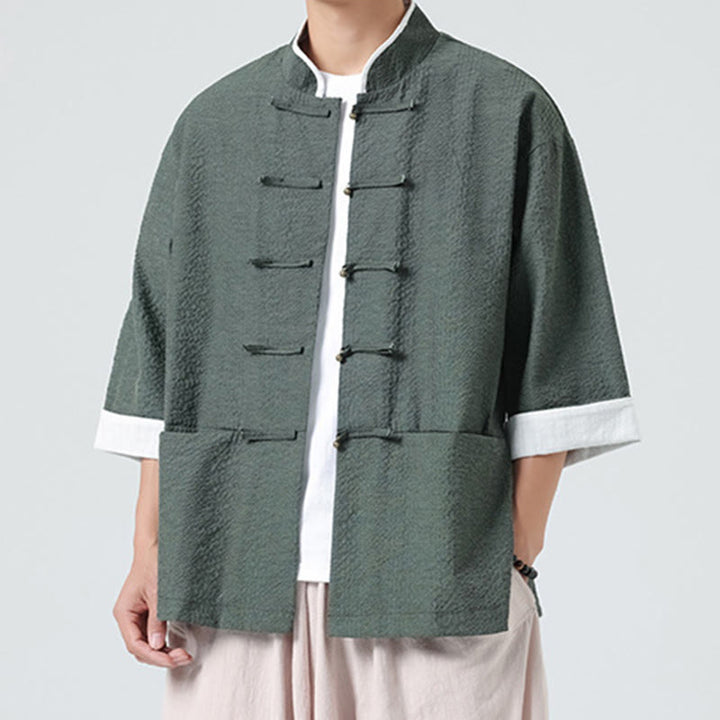 Buddha Stones Chemise à boutons pour homme, manches trois-quarts, couleur unie, style printemps, avec poches - image 28