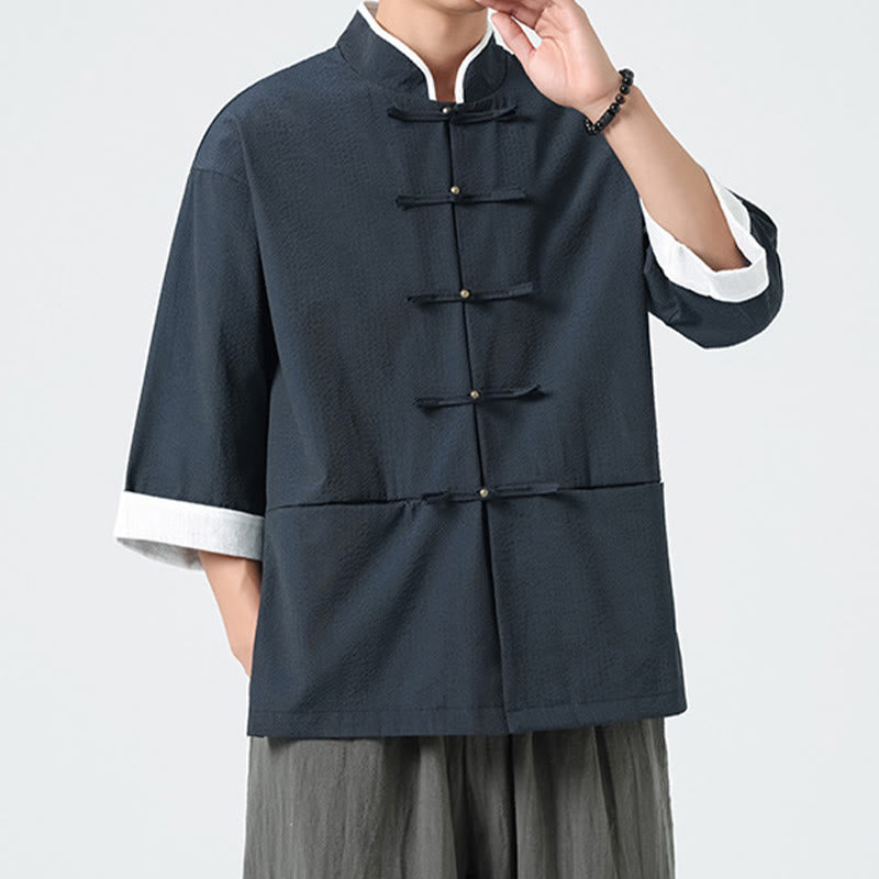 Buddha Stones Chemise à boutons pour homme, manches trois-quarts, couleur unie, style printemps, avec poches - image 0